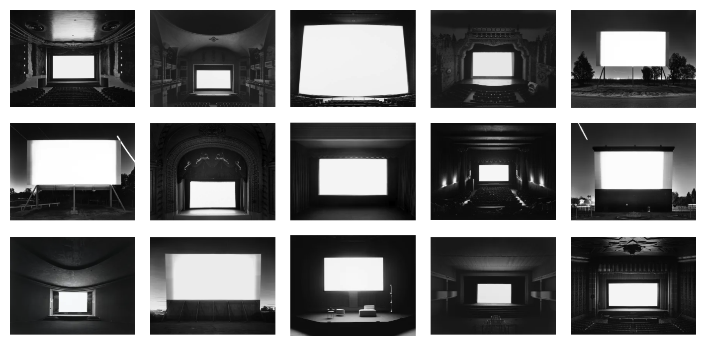 THEATERS, forse la sua serie più iconica, comprende fotografie a lunga esposizione realizzate nelle sale cinematografiche classiche di tutto il mondo. Ogni esposizione viene effettuata durante la proiezione di un film, producendo uno schermo bianco luminoso al centro di una sala buia e comprimendo il tempo in un'unica immagine.